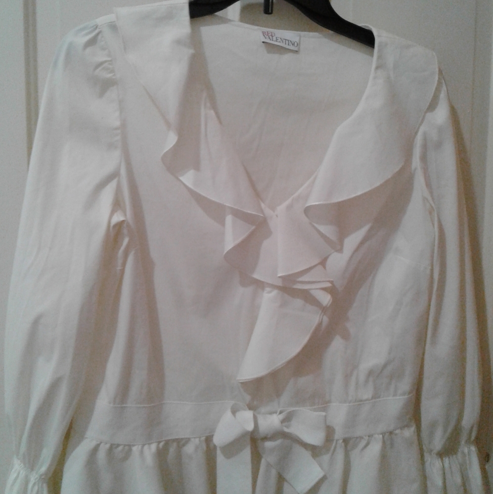 Red Valentino ruffle trim white button down shirt